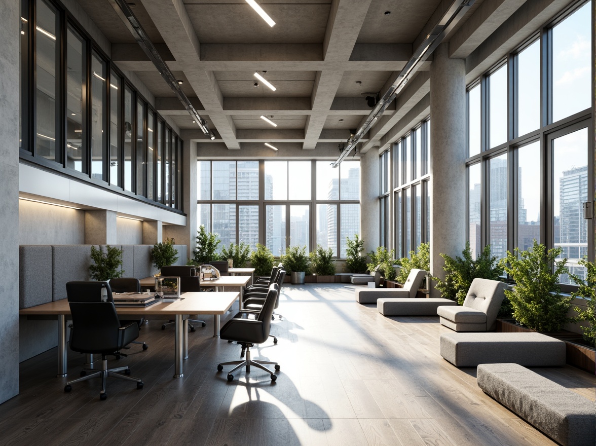 Prompt: Modern office space, open floor plan, minimalist decor, sleek metal desks, ergonomic chairs, collaborative workstations, acoustic panels, natural light pouring in, floor-to-ceiling windows, urban cityscape views, 1/1 composition, shallow depth of field, softbox lighting, realistic textures, ambient occlusion, functional zoning, efficient circulation paths, flexible modular furniture, green walls, air-purifying plants, calming color scheme, innovative storage solutions.