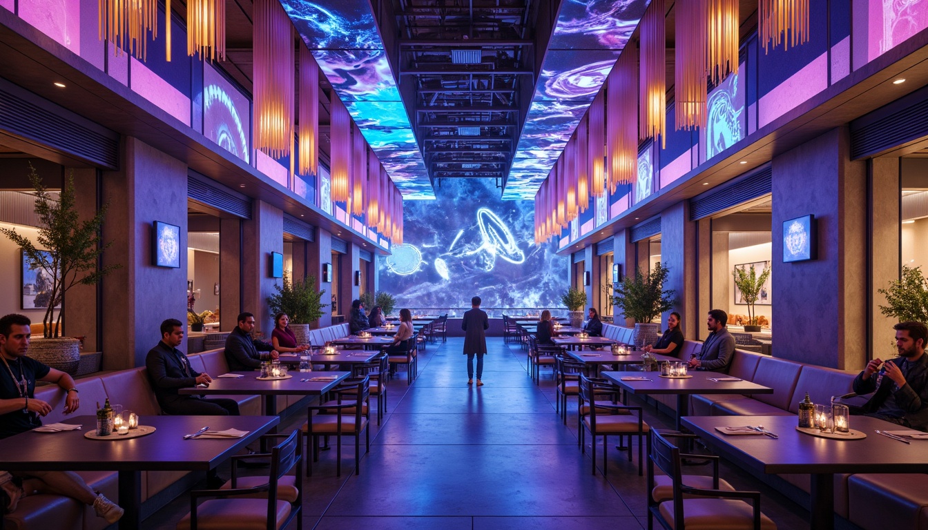 Prompt: Futuristic dining hall, neon-lit ambiance, holographic projections, LED ceiling installations, fiber-optic chandeliers, iridescent color schemes, metallic accents, minimalist tables, sleek chairs, ambient glow, soft pulsing lights, 3D-printed fixtures, parametric design, algorithmic patterns, cyberpunk-inspired decor, virtual reality experiences, augmented reality interactions, futuristic materials, electro-luminescent walls, kinetic sculptures, dynamic lighting systems, immersive atmosphere, high-tech gadgetry, sci-fi elements.