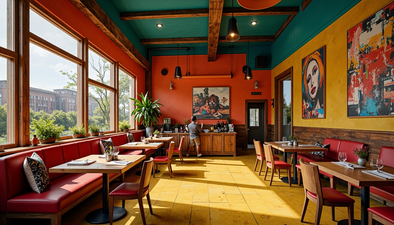 Prompt: Vibrant restaurant interior, expressionist art style, bold color palette, warm golden lighting, rich wood accents, eclectic furniture, abstract artwork, geometric patterns, bright coral walls, deep turquoise ceilings, sunny yellow floors, distressed metal decorations, reclaimed wood textures, industrial chic atmosphere, dramatic shadows, high contrast ratio, 1/2 composition, cinematic lighting, realistic reflections.