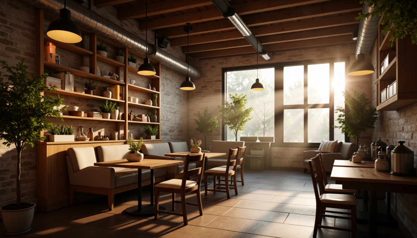 Prompt: Cozy coffee shop interior, warm wooden accents, soft ambient lighting, pendant lamps, industrial metal fixtures, exposed brick walls, comfortable seating areas, rustic wooden tables, vintage decorative items, aromatic coffee scents, morning sunlight, gentle warm glow, shallow depth of field, 1/1 composition, realistic textures, subtle color grading.