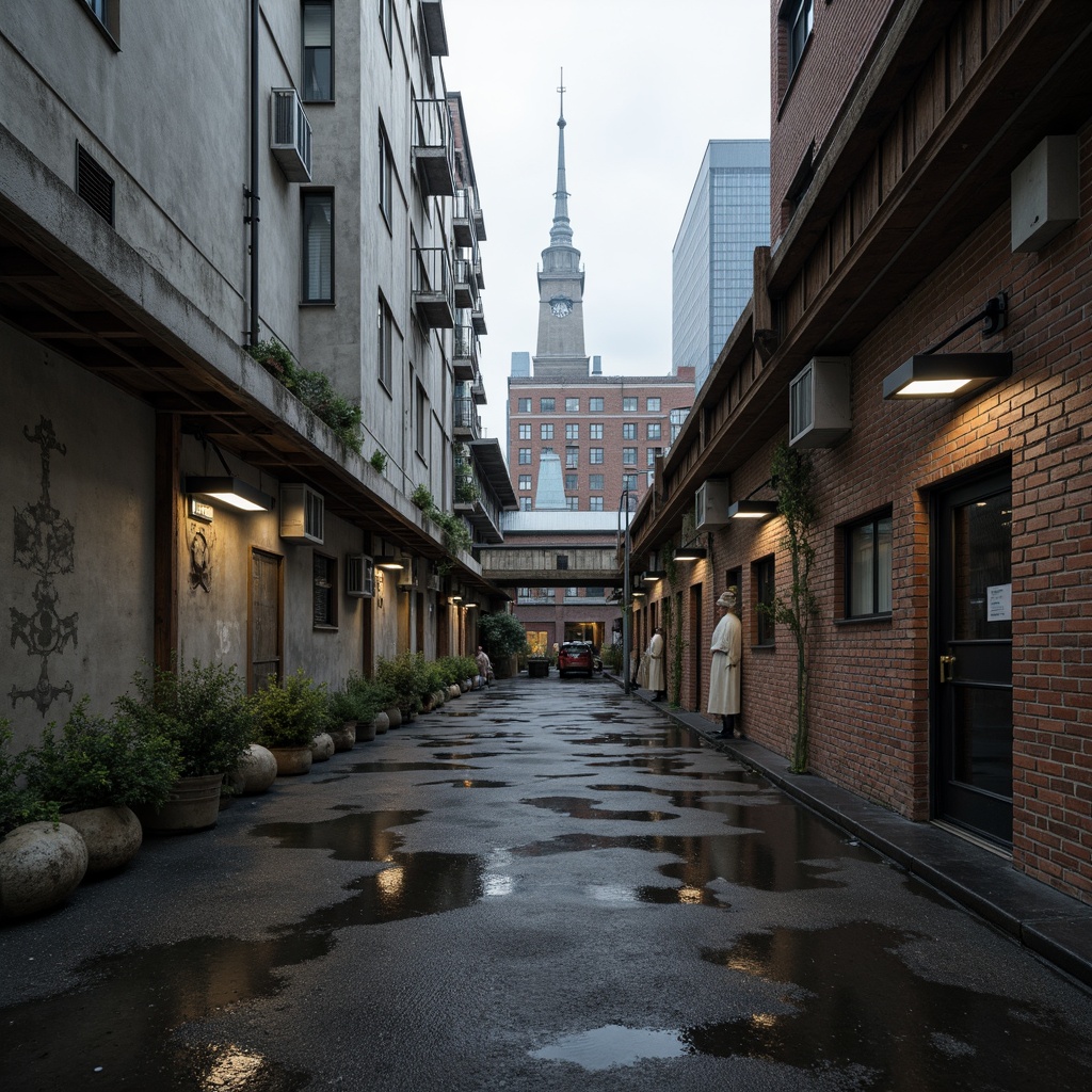 Prompt: Rough concrete walls, exposed ductwork, industrial metal beams, raw brick facades, brutalist fortress-like structures, rugged stone foundations, distressed wood accents, weathered steel surfaces, urban cityscape backdrop, overcast skies, dramatic shadows, high-contrast lighting, cinematic composition, gritty realistic textures, ambient occlusion.