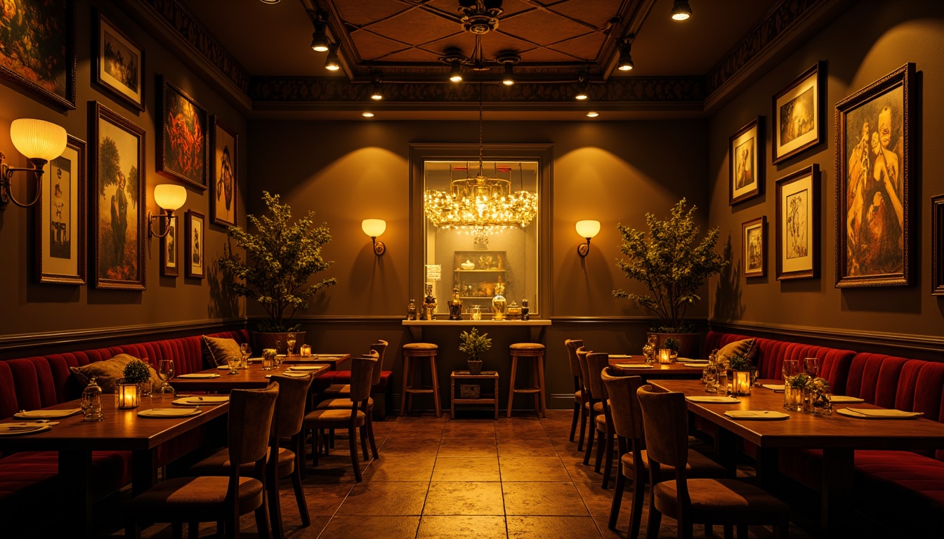 Prompt: Moody restaurant interior, warm golden lighting, soft shadows, dramatic spotlights, rich wood tones, luxurious velvet fabrics, ornate metal fixtures, eclectic art pieces, vintage decorative items, distressed textures, warm color palette, intimate ambiance, low-key illumination, cinematic atmosphere, 1/2 composition, shallow depth of field, realistic reflections, ambient occlusion.