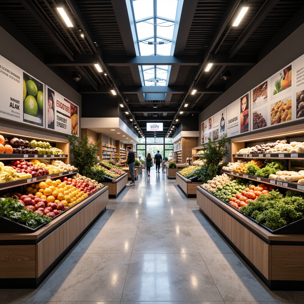 Prompt: Modern grocery store interior, sleek shelving units, fresh produce displays, ambient LED lighting, warm color temperatures, energy-efficient solutions, suspended ceiling fixtures, recessed lighting, aisle navigation signs, polished concrete floors, minimalist decor, natural stone accents, abundant natural light, skylights, clerestory windows, softbox lighting, 1/1 composition, realistic reflections, subtle shadows.