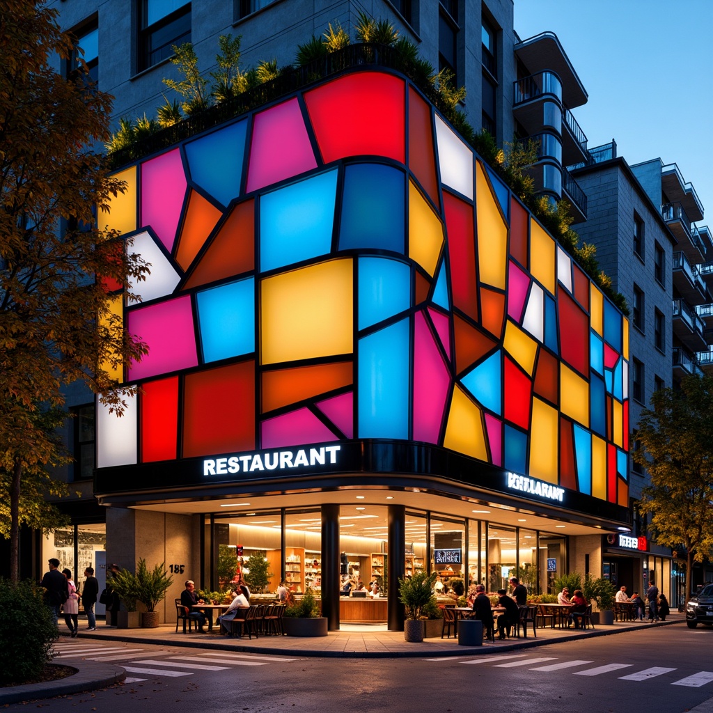 Prompt: Vibrant restaurant facade, expressionist architecture, bold geometric shapes, bright primary colors, abstract patterns, irregular forms, dynamic lighting effects, neon signs, metallic accents, industrial materials, exposed ductwork, urban cityscape, bustling streets, evening atmosphere, warm golden lighting, shallow depth of field, 1/1 composition, dramatic shadows, high-contrast textures.