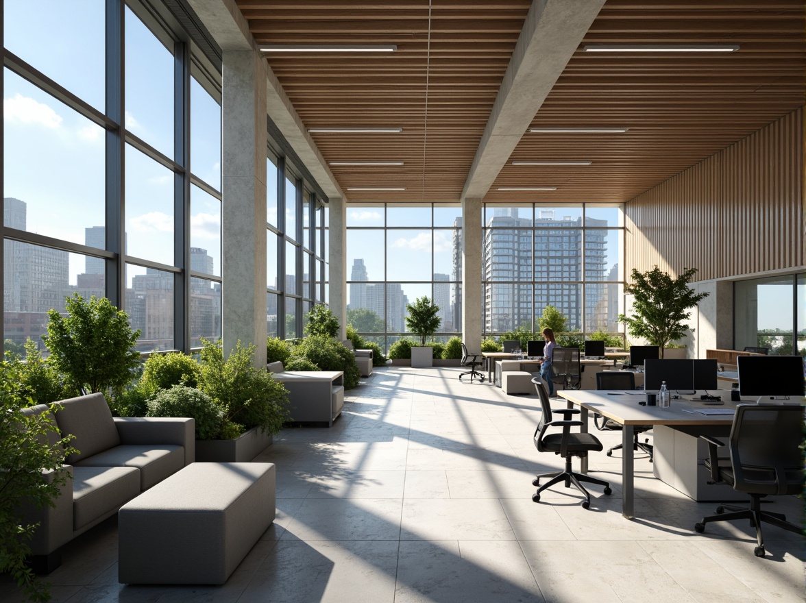 Prompt: Modern office space, open floor plan, minimalist decor, sleek metal desks, ergonomic chairs, collaborative workstations, acoustic panels, natural light pouring in, floor-to-ceiling windows, urban cityscape views, 1/1 composition, shallow depth of field, softbox lighting, realistic textures, ambient occlusion, functional zoning, efficient circulation paths, flexible modular furniture, green walls, air-purifying plants, calming color scheme, innovative storage solutions.