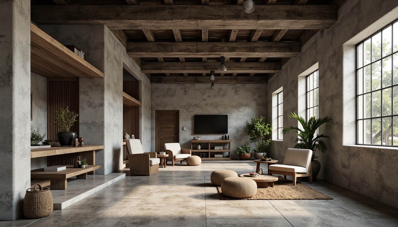 Prompt: Exposed concrete walls, rugged stone floors, industrial metal beams, brutalist architecture, raw unfinished textures, earthy tone color palette, muted greenery, weathered wood accents, functional minimalist decor, utilitarian furniture, cold harsh lighting, dramatic shadows, 1/1 composition, high contrast ratio, realistic material rendering, ambient occlusion.