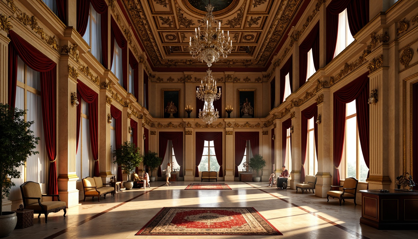 Prompt: Ornate Baroque palace, intricately carved stone facades, gilded ornamental details, lavish velvet drapes, polished marble floors, ornamental plaster ceilings, richly patterned rugs, grandiose chandeliers, warm golden lighting, dramatic shadows, high-contrast composition, detailed textures, realistic reflections, ambient occlusion.