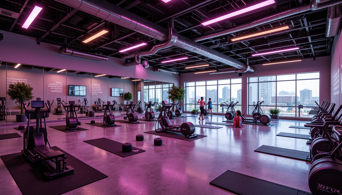 Prompt: High-ceilinged fitness club, sleek metal equipment, neon-lit LED lights, dynamic color-changing ambiance, futuristic architectural design, polished concrete floors, mirrored walls, state-of-the-art sound systems, energizing atmosphere, motivational quotes, modern minimalist decor, high-intensity workout areas, yoga and Pilates zones, relaxation lounges, floor-to-ceiling windows, natural daylight, soft warm glow, 1/2 composition, shallow depth of field, realistic textures, ambient occlusion.