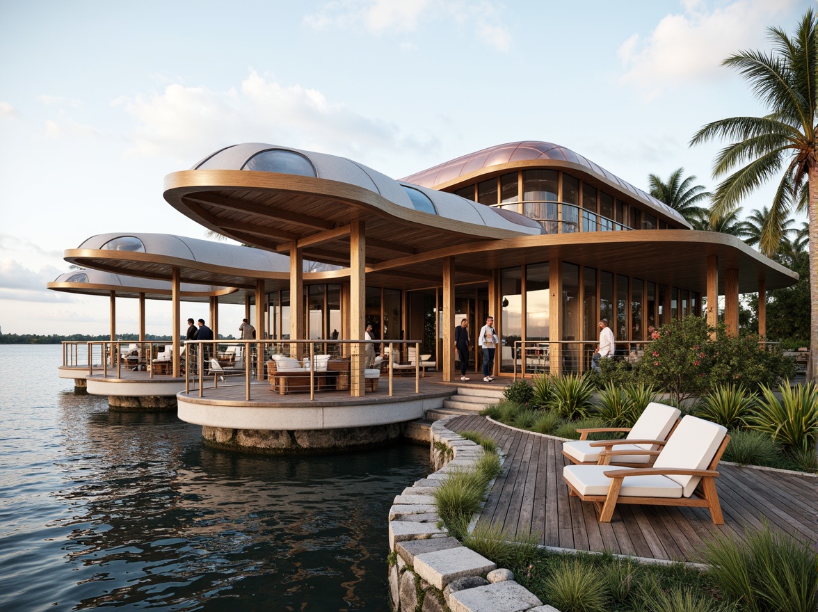 Prompt: Waterfront boathouse, international style, curved rooflines, wooden accents, nautical elements, sailboat-inspired design, ocean views, seaside atmosphere, rustic wood decking, rope railings, porthole windows, copper roofing, greenery overhangs, natural stone foundations, modern minimalist interior, large skylights, soft warm lighting, shallow depth of field, 1/1 composition, realistic textures, ambient occlusion.