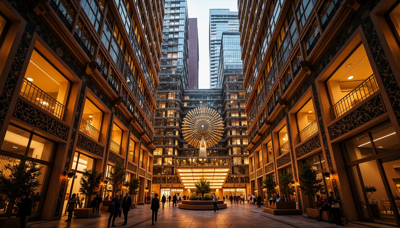 Prompt: Luxurious skyscraper, ornate metalwork, geometric patterns, zigzag motifs, chevron designs, sunburst decorations, lavish ornamentation, opulent materials, polished marble, shiny chrome accents, bold typography, vibrant color schemes, stepped silhouettes, symmetrical compositions, dramatic lighting effects, warm golden illumination, low-angle photography, cinematic atmosphere, high-contrast rendering, intricate details, ornamental textures.