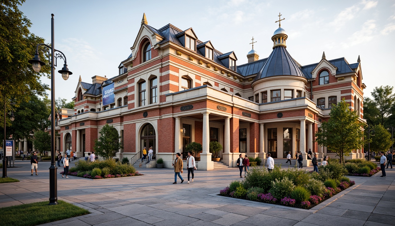 Prompt: Elegant bus station, academic architectural style, symmetrical facade, grand entrance, ornate details, classical columns, arches, rusticated stone walls, red brick cladding, steeply pitched roofs, dormer windows, copper roofing, intricate metalwork, vintage street lamps, lush greenery, vibrant flowers, pedestrian walkways, natural stone paving, modern signage, clear glass canopies, soft warm lighting, shallow depth of field, 3/4 composition, realistic textures, ambient occlusion.