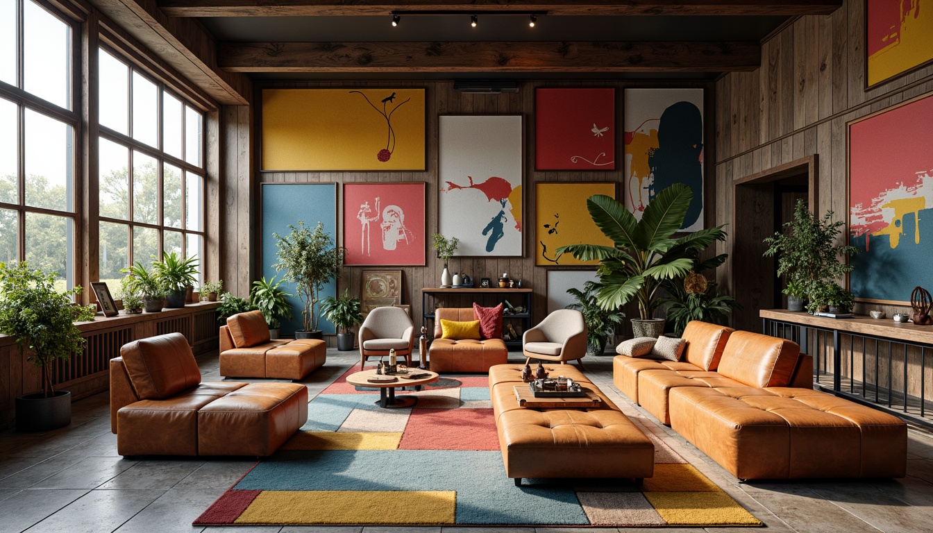 Prompt: Vibrant artistic studio, eclectic furniture, abstract artwork, bold color blocking, contrasting textures, rich wood accents, industrial metal fixtures, natural stone flooring, oversized windows, soft diffused lighting, warm atmospheric glow, 3/4 composition, intimate close-up shots, realistic material rendering, ambient occlusion.