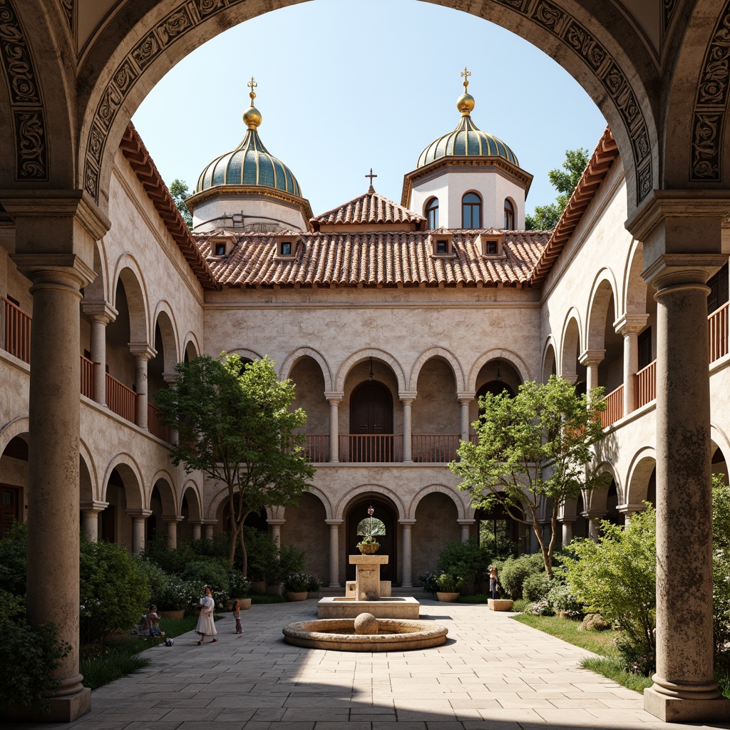 Prompt: Intricate stone carvings, ornate domes, grand archways, vibrant mosaics, golden accents, rustic terracotta tiles, curved rooflines, ornamental finials, weathered copper cladding, aged brick facades, Byzantine-inspired ornaments, lush greenery, serene courtyard, warm afternoon light, soft shadows, 1/1 composition, realistic textures, ambient occlusion.