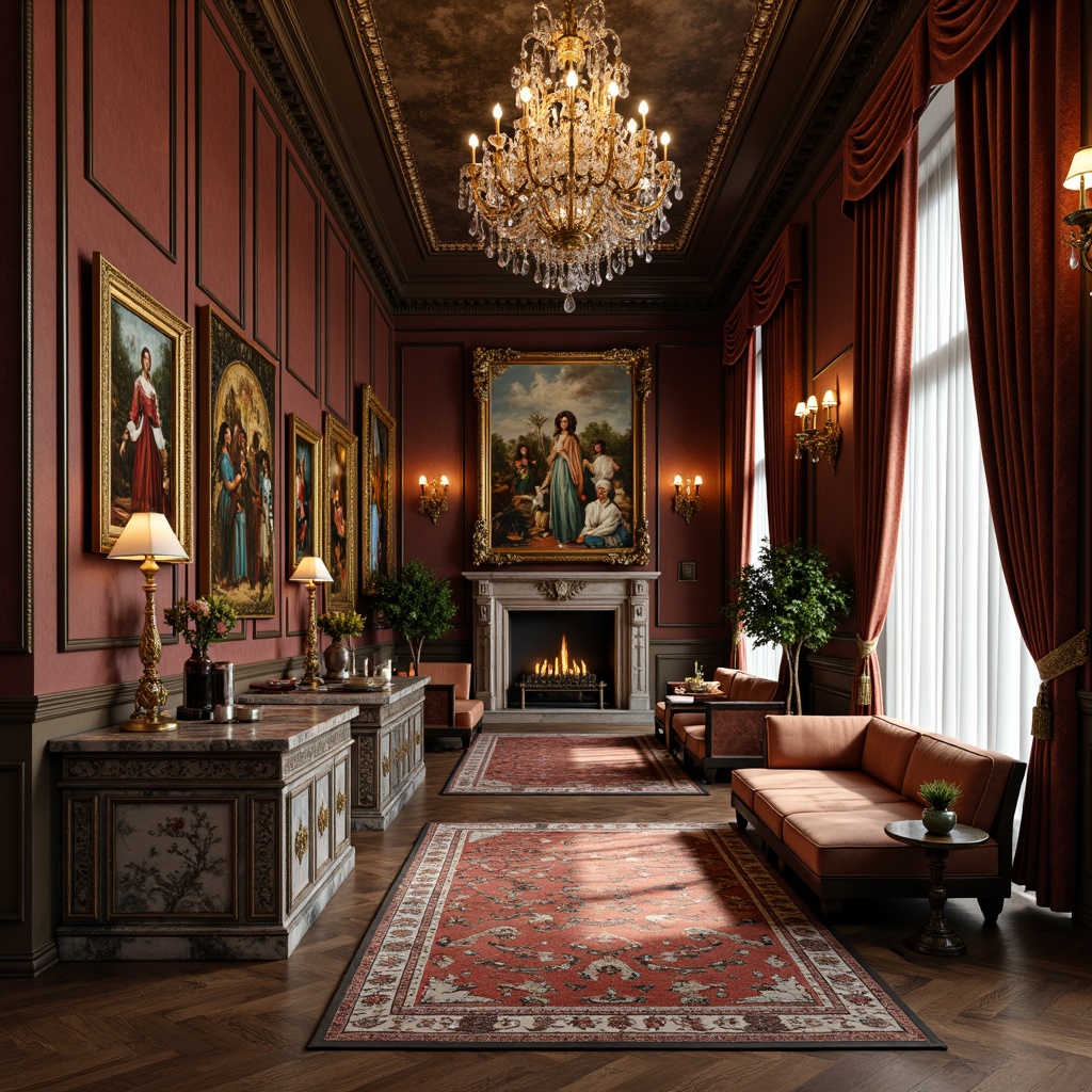 Prompt: Luxurious interior space, ornate furnishings, intricate carvings, lavish fabrics, metallic accents, crystal chandeliers, marble countertops, patterned rugs, statement walls, eclectic artwork, gilded frames, opulent drapery, rich wood tones, sophisticated color palette, ambient warm lighting, shallow depth of field, 1/1 composition, realistic textures, subtle reflections.