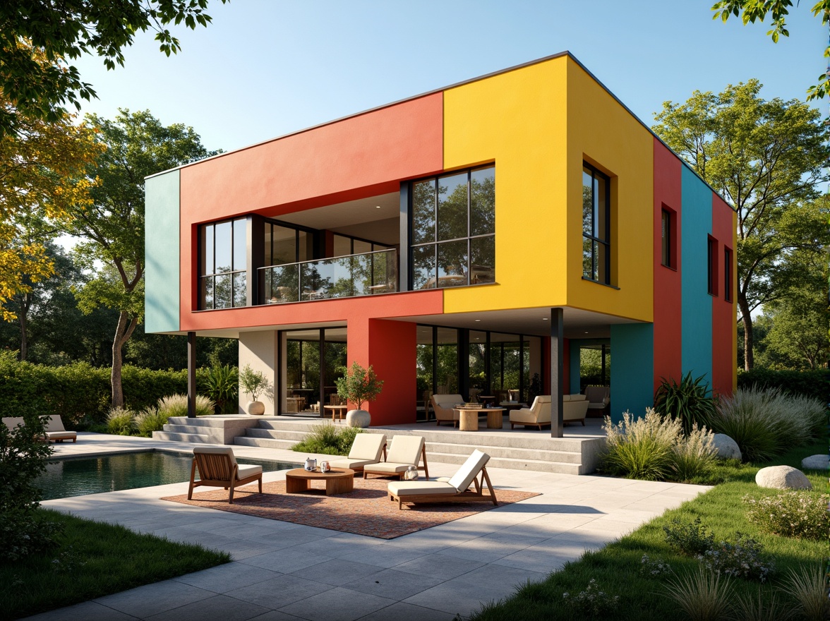 Prompt: Vibrant Bauhaus villa, geometric shapes, bold color blocks, primary colors, industrial materials, exposed concrete walls, steel beams, minimalist decor, functional furniture, abundant natural light, floor-to-ceiling windows, sliding glass doors, lush greenery surroundings, modernist landscape design, warm sunny day, high contrast lighting, shallow depth of field, 1/1 composition, realistic textures, ambient occlusion.