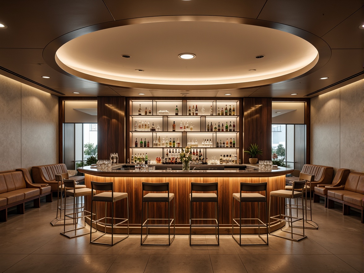 Prompt: Sleek bar interior, polished chrome accents, rich walnut wood, luxurious velvet upholstery, metallic silver lighting fixtures, frosted glass partitions, minimalist decor, modern streamline architecture, curved lines, geometric shapes, high-gloss finishes, ambient LED lighting, warm beige tones, sophisticated atmosphere, 1/1 composition, shallow depth of field, soft focus blur.