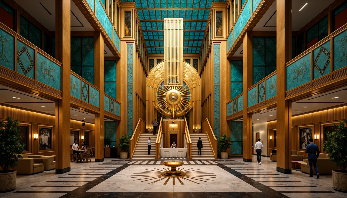 Prompt: Opulent Art Deco monument, lavish golden accents, rich bronze tones, vibrant turquoise mosaics, geometric patterns, ornate metalwork, luxurious marble surfaces, bold black outlines, stylized floral motifs, sunburst designs, zigzag patterns, metallic sheen, warm ambient lighting, shallow depth of field, 1/1 composition, symmetrical framing, high-contrast colors, intricate textures, realistic reflections.