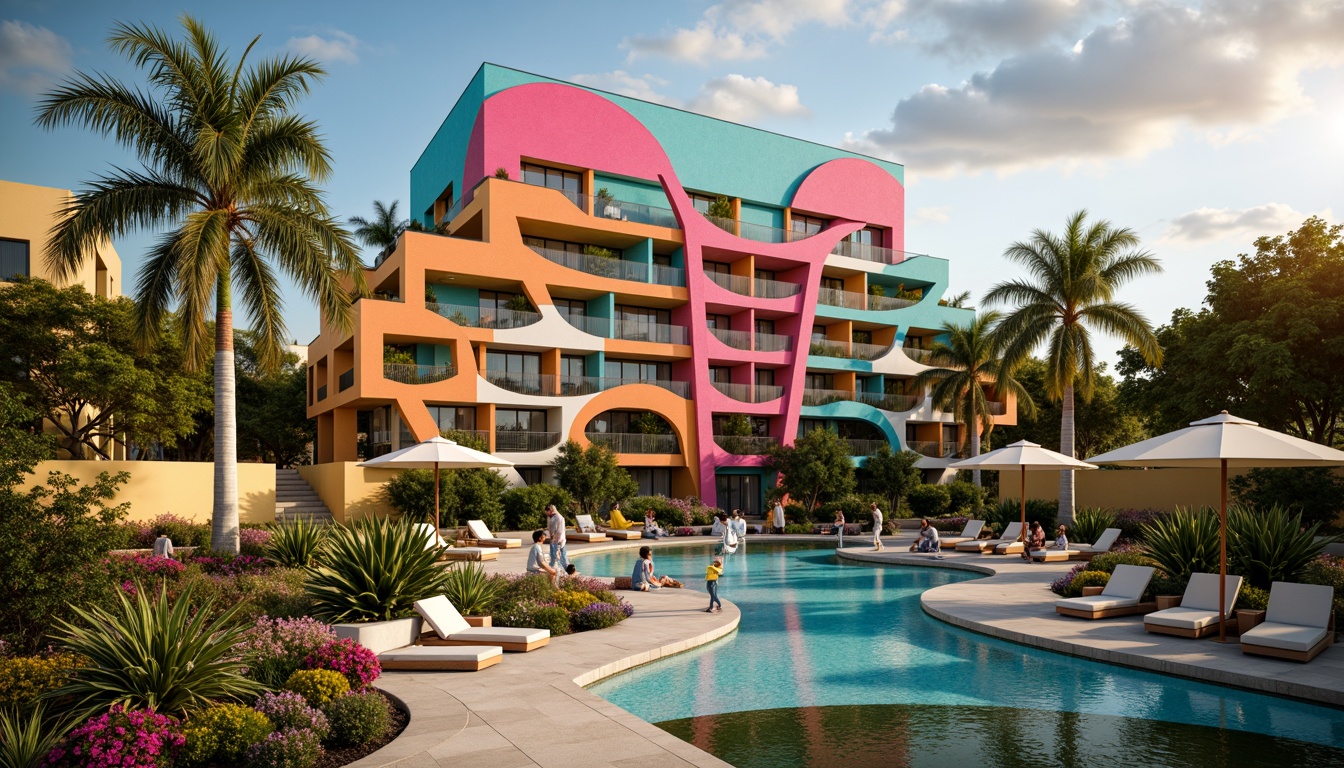 Prompt: Vibrant hotel facade, undulating curves, bold color blocking, abstract patterns, eclectic furniture, whimsical lighting fixtures, lush green roofs, meandering walkways, organic-shaped pools, tropical plants, exotic flowers, warm sunny day, dramatic cloud formations, cinematic composition, high contrast lighting, vivid textures, stylized reflections, artistic freedom, expressive brushstrokes.