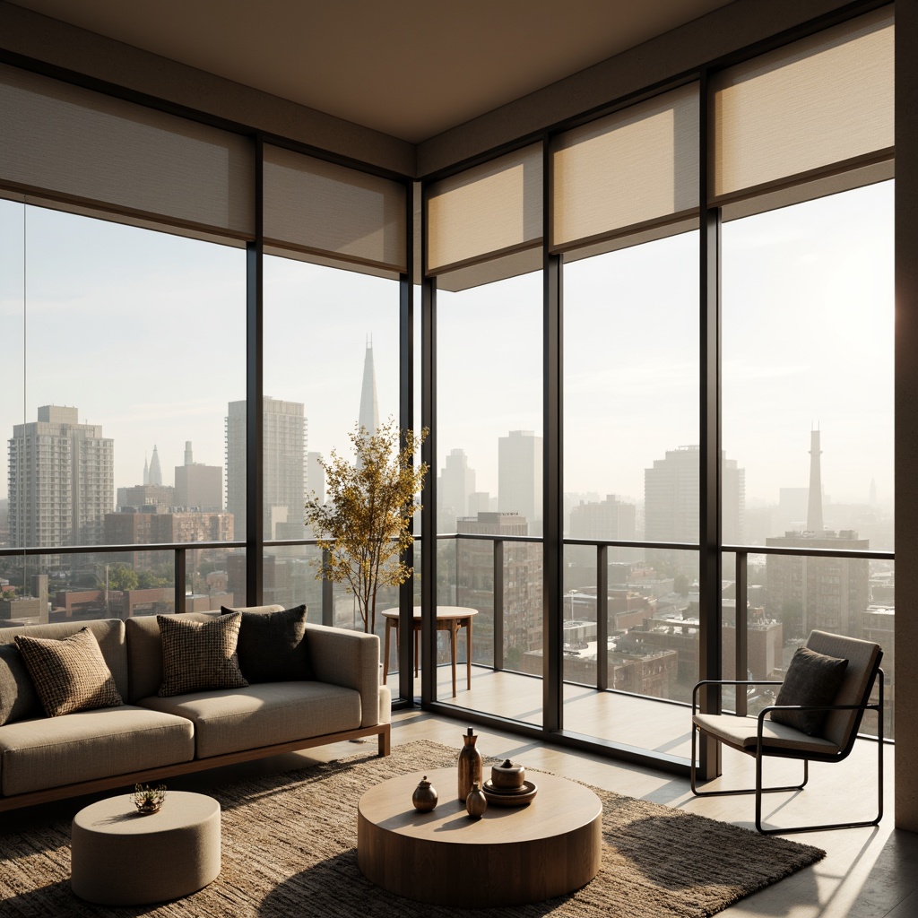 Prompt: Minimalist living room, floor-to-ceiling windows, sleek metal frames, automated blinds, solar shades, thermal insulation, energy-efficient glazing, soundproofing technology, urban cityscape views, morning sunlight, soft warm lighting, shallow depth of field, 3/4 composition, panoramic view, realistic textures, ambient occlusion, modern interior design, luxurious fabrics, subtle patterns, metallic accents.