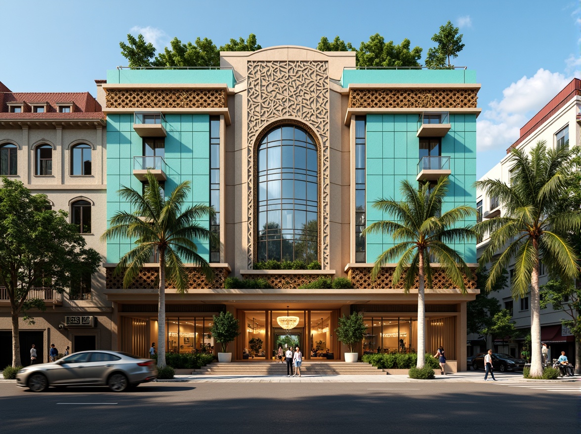 Prompt: Luxurious Art Deco building, ornate metalwork, geometric patterns, vibrant turquoise accents, lush greenery, tropical palm trees, curved lines, symmetrical composition, grand entrance, marble floors, intricate mosaics, lavish furnishings, opulent chandeliers, warm golden lighting, shallow depth of field, 1/1 composition, panoramic view, realistic textures, ambient occlusion, sunny day, clear blue sky, urban cityscape, bustling streets, vintage cars, retro-inspired signage.