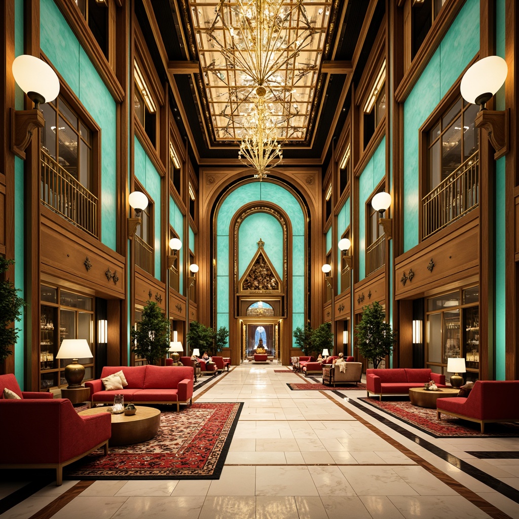 Prompt: Luxurious Art Deco building, metallic accents, ornate geometries, bold black outlines, vibrant turquoise, rich gold leafing, creamy whites, deep reds, luxurious marble floors, intricate mosaics, sunburst motifs, zigzag patterns, opulent chandeliers, lavish furnishings, warm golden lighting, high-contrast shadows, dramatic spotlights, cinematic composition, ornate architectural details, glamorous metallic materials.