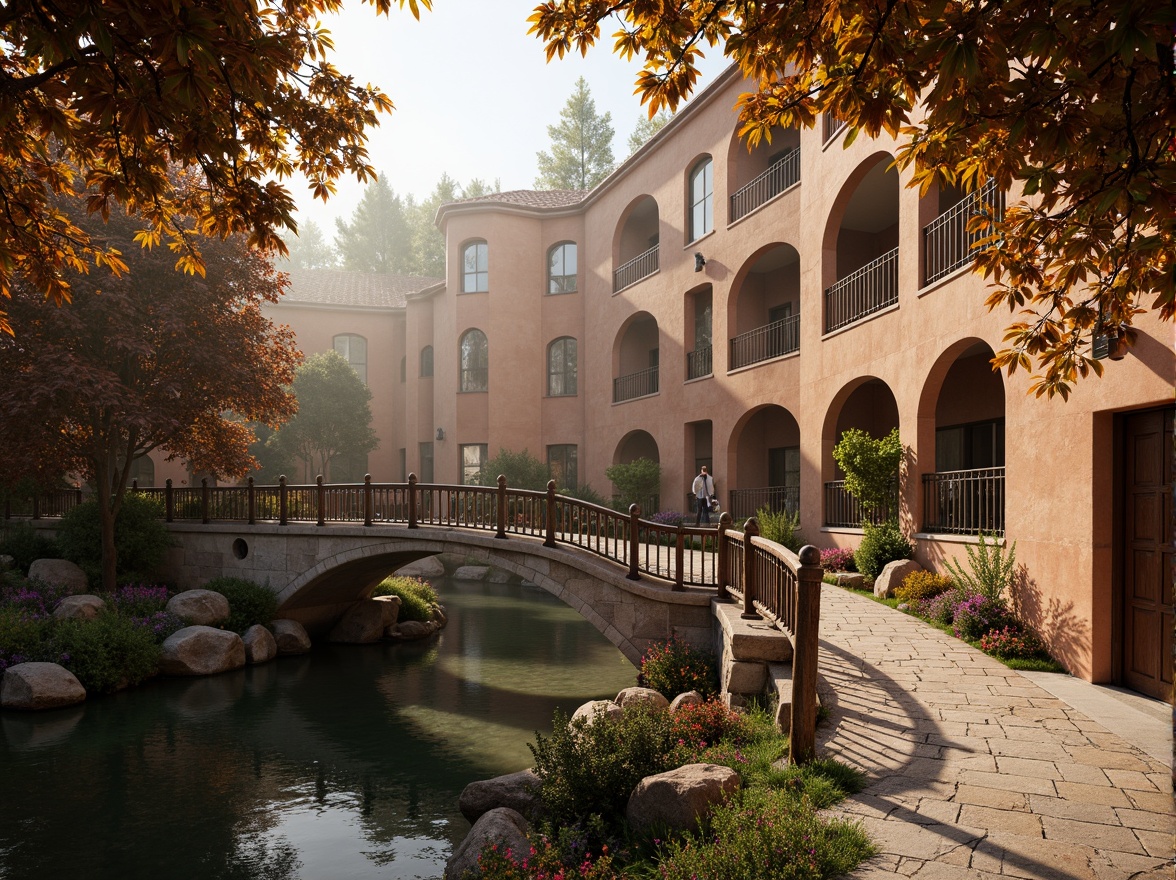 Prompt: Rustic stone bridges, ornate balustrades, weathered wooden railings, earthy terracotta hues, muted sienna tones, warm golden lighting, soft misty atmosphere, serene river waters, lush greenery, vibrant floral accents, intricate carvings, classical arches, grandiose proportions, symmetrical composition, 1/2 perspective view, realistic stone textures, ambient occlusion.