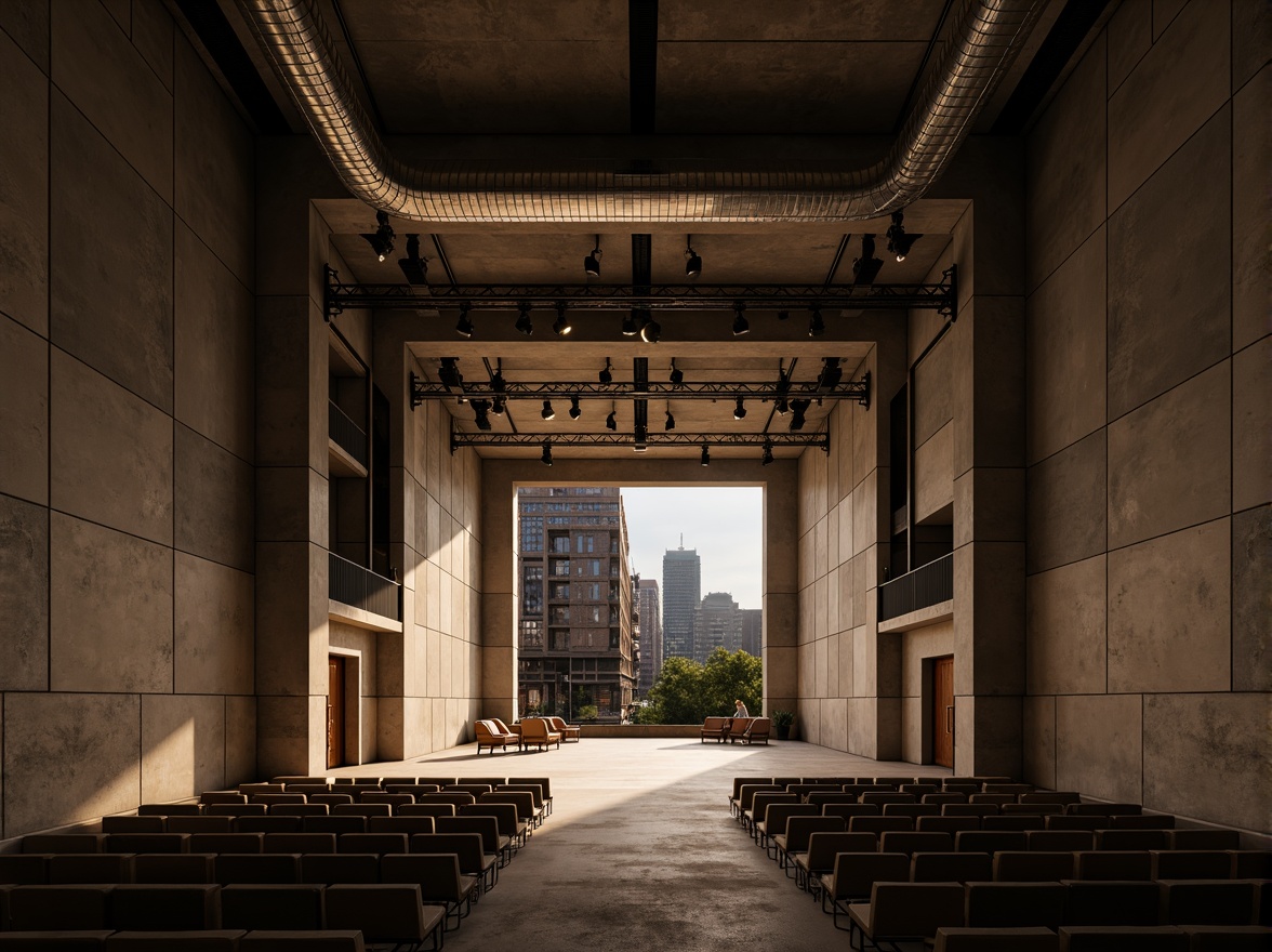 Prompt: Raw concrete walls, exposed ductwork, industrial metal beams, minimalist seating, avant-garde stage design, dramatic spotlights, reverberant sound reflections, echoey ambiance, brutalist architecture, angular lines, monochromatic color scheme, urban cityscape, evening atmosphere, warm golden lighting, shallow depth of field, 1/2 composition, symmetrical framing, high-contrast textures, ambient occlusion.