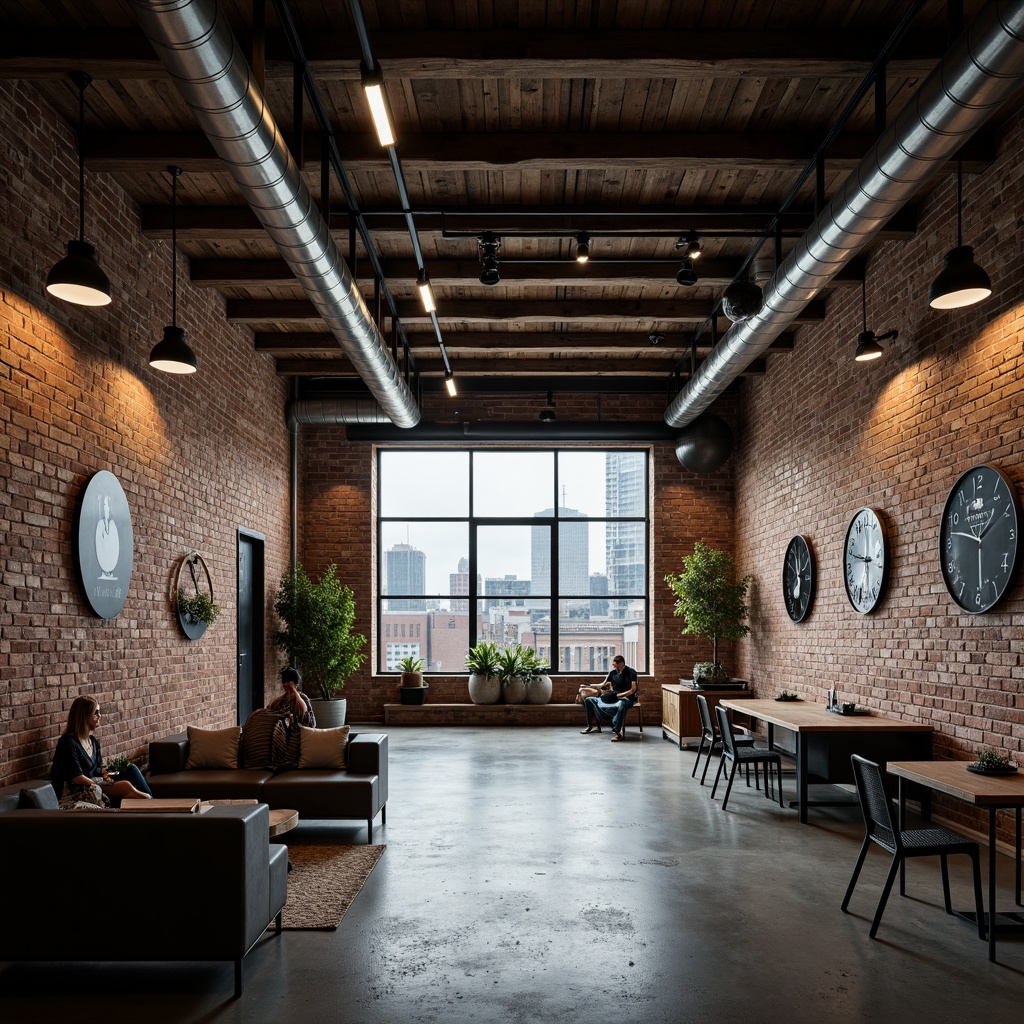 Prompt: Exposed brick walls, metal beams, reclaimed wood accents, industrial-style lighting fixtures, concrete floors, urban cityscape views, converted warehouse spaces, modern minimalist decor, functional pipes and ductwork, distressed finishes, edgy architectural lines, moody atmospheric lighting, shallow depth of field, 2/3 composition, gritty realistic textures, ambient occlusion.