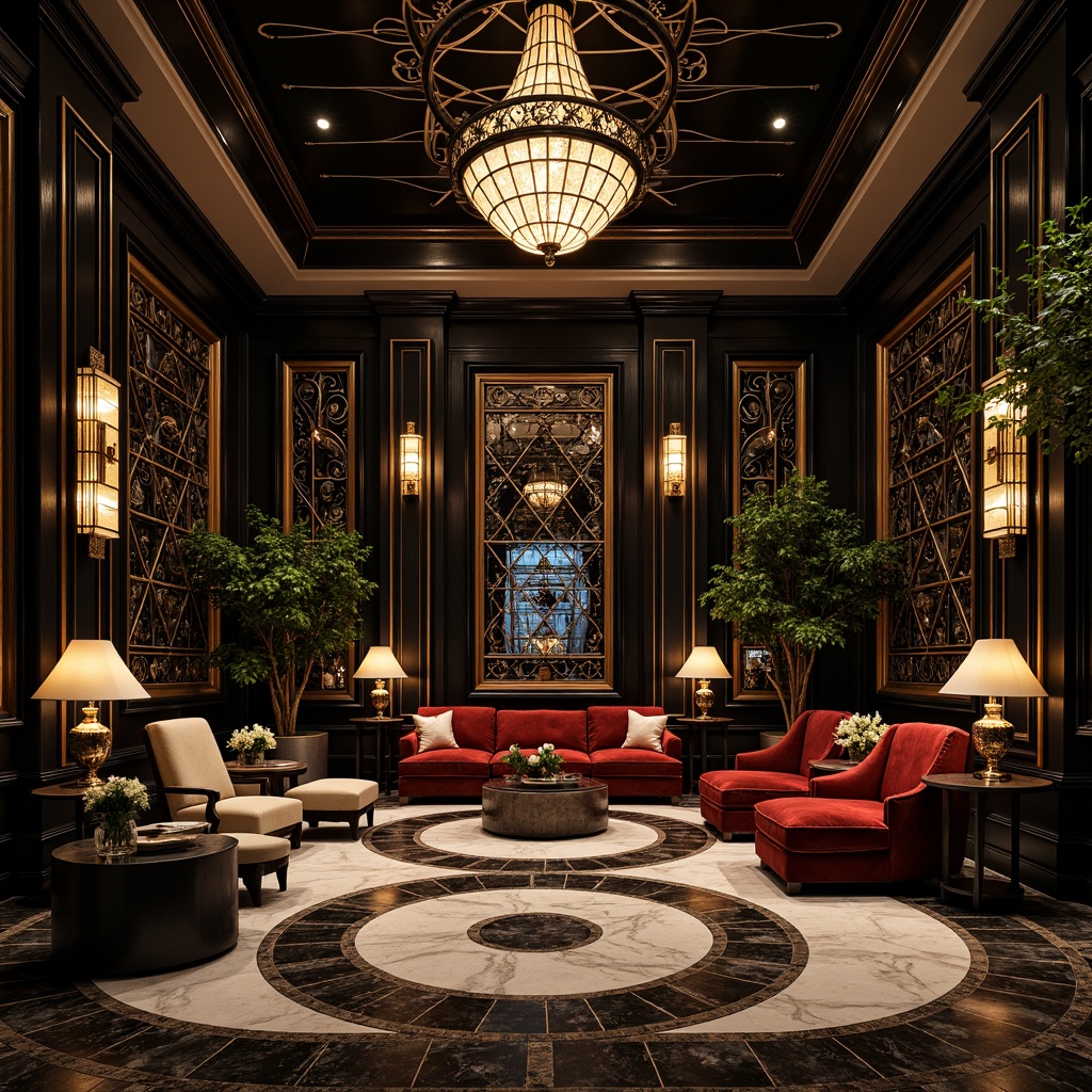 Prompt: Luxurious Art Deco interior, ornate metalwork, geometric patterns, glossy black surfaces, polished chrome accents, rich velvet fabrics, intricate marble inlays, opulent chandeliers, lavish furnishings, bold color schemes, metallic sheen, high-contrast lighting, dramatic shadows, 1/1 composition, low-angle shot, cinematic atmosphere, realistic reflections, detailed textures.