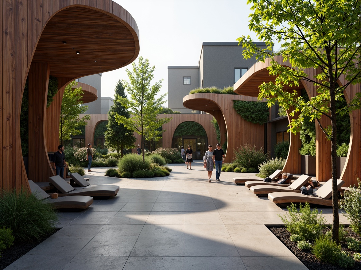 Prompt: Curved lines, natural materials, earthy tones, futuristic charging stations, sleek canopies, organic forms, botanical patterns, leaf-inspired roofs, wooden accents, living walls, greenery integration, modern LED lighting, soft ambient glow, shallow depth of field, 1/1 composition, realistic textures, ambient occlusion.