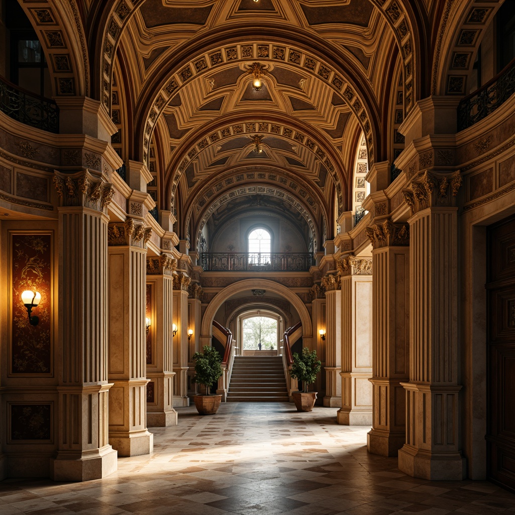 Prompt: Grandiose arches, ornate carvings, gilded details, lavish decorations, sweeping curves, dramatic lighting, opulent materials, marble columns, intricate frescoes, vaulted ceilings, grand staircases, majestic entranceways, symmetrical compositions, warm golden tones, soft chiaroscuro, high contrast ratios, 1/2 composition, atmospheric perspective, realistic textures, ambient occlusion.