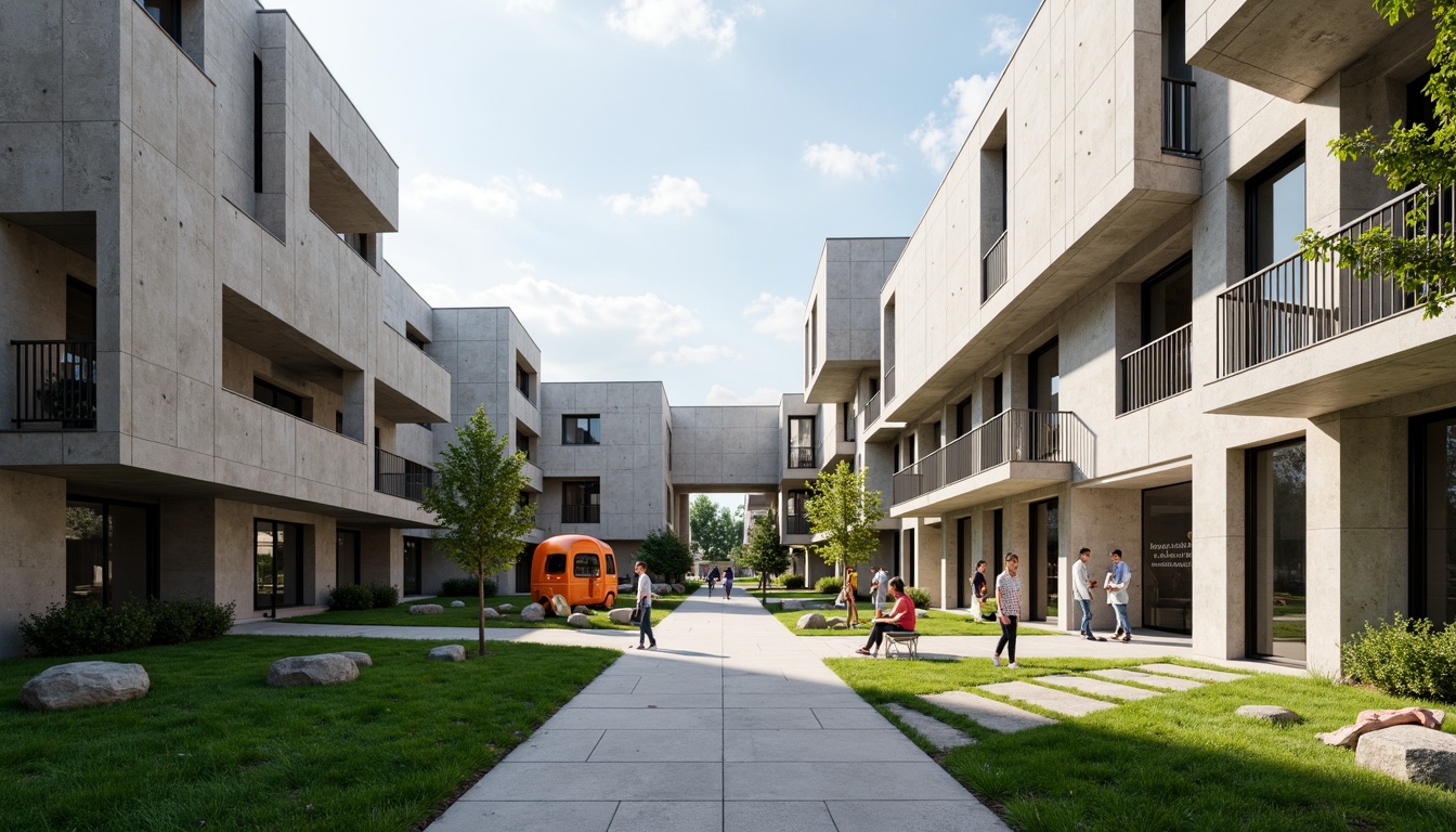 Prompt: Rugged concrete buildings, brutalist architecture, open plazas, sprawling green lawns, abstract sculptures, modern art installations, industrial-style benches, exposed ductwork, raw concrete textures, dramatic shading, harsh overhead lighting, 1/1 composition, symmetrical framing, bold color accents, urban landscape, educational signage, pedestrian walkways, bike racks, minimalist landscaping, functional water features, angular staircases, cantilevered structures.