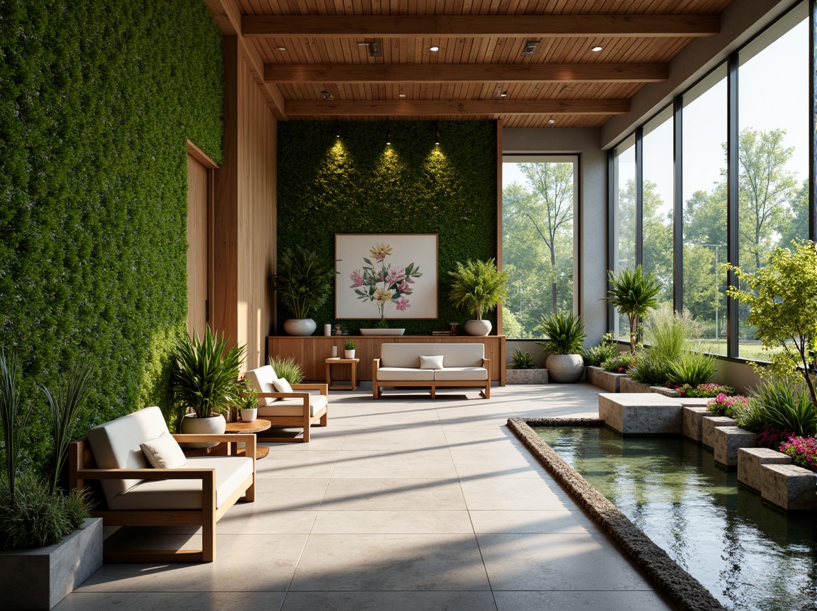 Prompt: Soothing dental clinic, lush green walls, natural stone flooring, wooden accents, calming water features, serene outdoor gardens, vibrant flower arrangements, modern minimalist furniture, large windows, abundant natural light, warm color scheme, cozy waiting areas, peaceful ambiance, shallow depth of field, 3/4 composition, realistic textures, ambient occlusion.