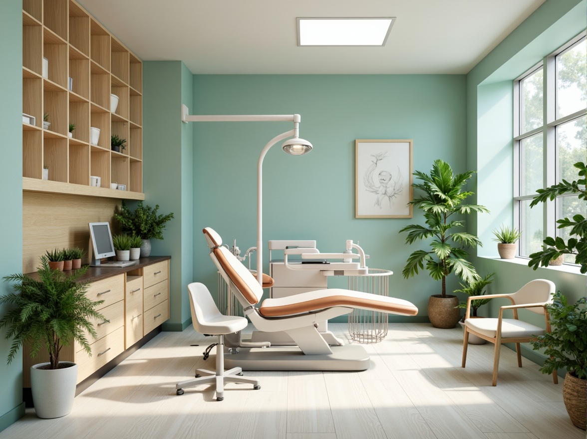 Prompt: Calming dental clinic, soothing blue-green color scheme, creamy whites, warm beige tones, natural wood accents, gentle curves, minimalist decor, modern medical equipment, sleek stainless steel surfaces, comfortable waiting area, lush green plants, soft overhead lighting, shallow depth of field, 1/1 composition, realistic textures, ambient occlusion.