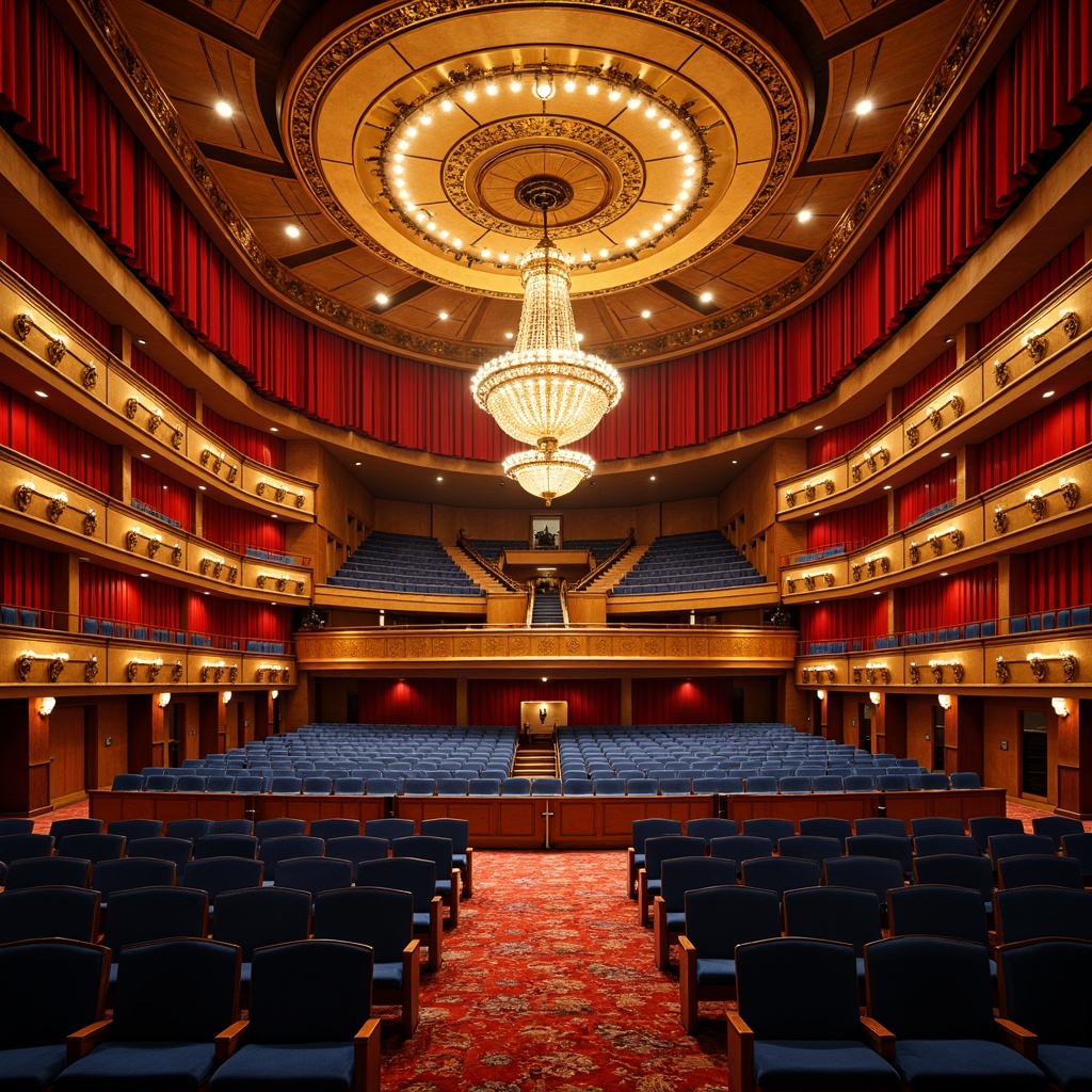 Prompt: Vibrant concert hall, rich wood tones, warm golden lighting, bold red accents, deep blue seats, polished metal fixtures, luxurious velvet curtains, ornate chandeliers, grand staircase, opulent balconies, lavish box seats, dramatic spotlights, soft warm glow, shallow depth of field, 1/1 composition, realistic textures, ambient occlusion.