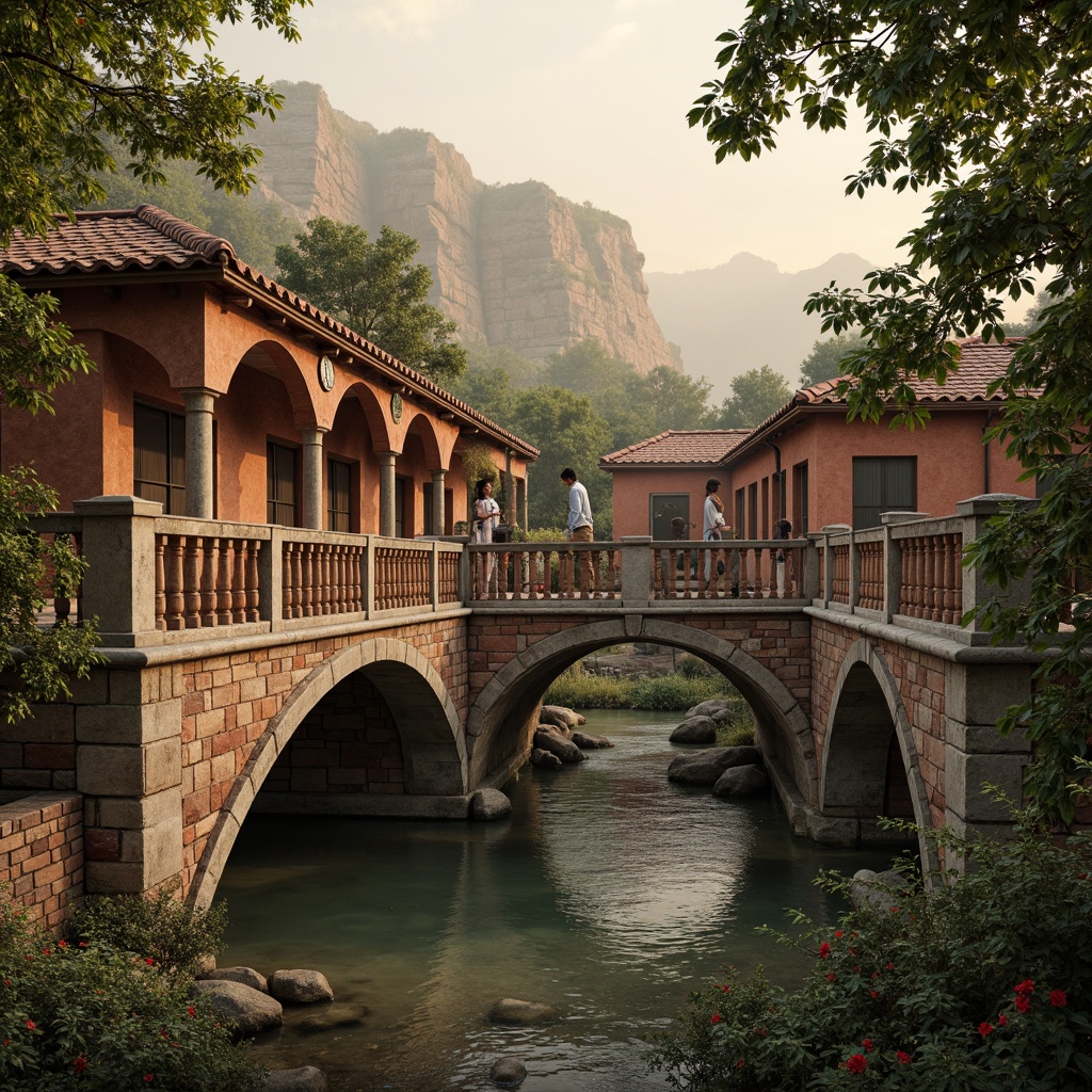 Prompt: Rustic stone bridges, ornate balustrades, weathered wooden railings, earthy terracotta hues, muted sienna tones, warm golden lighting, soft misty atmosphere, serene river waters, lush greenery, vibrant floral accents, intricate carvings, classical arches, grandiose proportions, symmetrical composition, 1/2 perspective view, realistic stone textures, ambient occlusion.