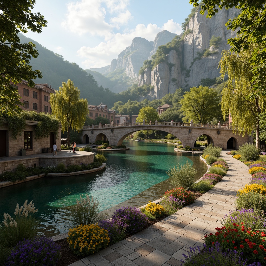 Prompt: Rustic stone bridges, ornate balustrades, lush greenery, vibrant flowers, meandering waterways, serene lakes, majestic willow trees, natural rock formations, weathered wooden docks, charming pedestrian paths, soft warm lighting, shallow depth of field, 3/4 composition, panoramic view, realistic textures, ambient occlusion, tranquil atmosphere, gentle water ripples, subtle mist effects.