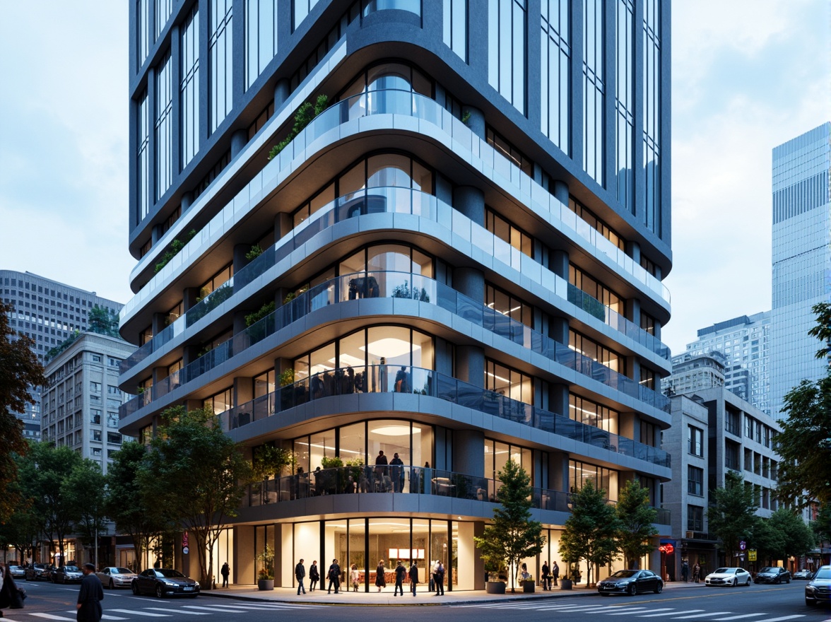 Prompt: Curved building facade, metallic materials, polished chrome accents, horizontal lines, rounded corners, minimalist ornamentation, large glass windows, sliding doors, cantilevered balconies, urban cityscape, busy streets, modern skyscrapers, cloudy blue sky, soft natural light, shallow depth of field, 2/3 composition, symmetrical framing, high-contrast lighting, detailed textures, ambient occlusion.