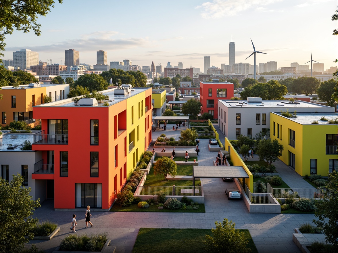 Prompt: Vibrant community center, modern social housing, bold color schemes, dynamic angular facades, cantilevered balconies, green roofs, solar panels, wind turbines, sustainable energy solutions, eco-friendly materials, innovative cooling technologies, shaded outdoor spaces, misting systems, urban landscape, city skyline, morning sunlight, soft warm lighting, shallow depth of field, 3/4 composition, panoramic view, realistic textures, ambient occlusion.