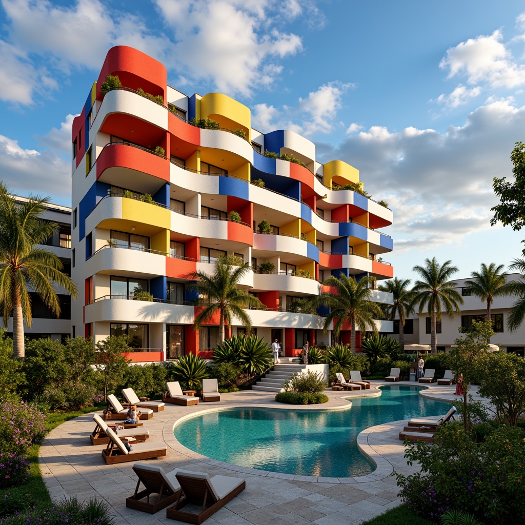 Prompt: Vibrant hotel facade, undulating curves, bold color blocking, abstract patterns, eclectic furniture, whimsical lighting fixtures, lush green roofs, meandering walkways, organic-shaped pools, tropical plants, exotic flowers, warm sunny day, dramatic cloud formations, cinematic composition, high contrast lighting, vivid textures, stylized reflections, artistic freedom, expressive brushstrokes.