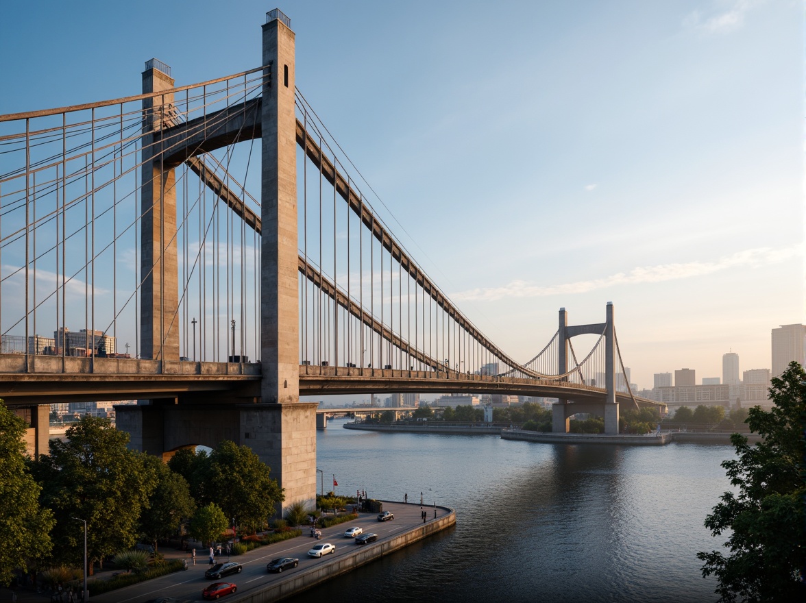 Prompt: Futuristic bridge design, sleek metal arches, durable steel cables, reinforced concrete pillars, weathered stone foundations, modern suspension systems, vibrant LED lighting, misty atmospheric effects, shallow depth of field, 3/4 composition, panoramic view, realistic textures, ambient occlusion, urban cityscape, busy highway traffic, sunny day, soft warm lighting.