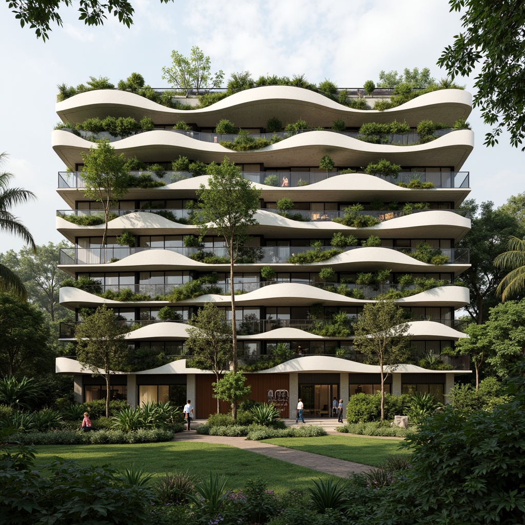 Prompt: Organic building facade, wavy lines, natural stone cladding, green walls, living roofs, botanical patterns, earthy tones, curved shapes, biomimetic architecture, sustainable materials, energy-efficient systems, rainwater harvesting, solar panels, wind turbines, lush vegetation, tropical plants, misty atmosphere, soft diffused lighting, shallow depth of field, 1/1 composition, realistic textures, ambient occlusion.