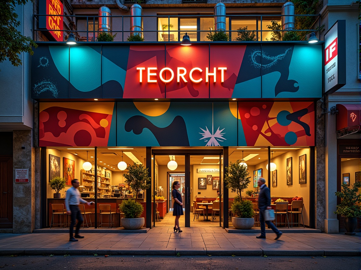 Prompt: Vibrant restaurant facade, expressionist architecture, bold geometric shapes, bright primary colors, abstract patterns, irregular forms, dynamic lighting effects, neon signs, metallic accents, industrial materials, exposed ductwork, urban cityscape, bustling streets, evening atmosphere, warm golden lighting, shallow depth of field, 1/1 composition, dramatic shadows, high-contrast textures.