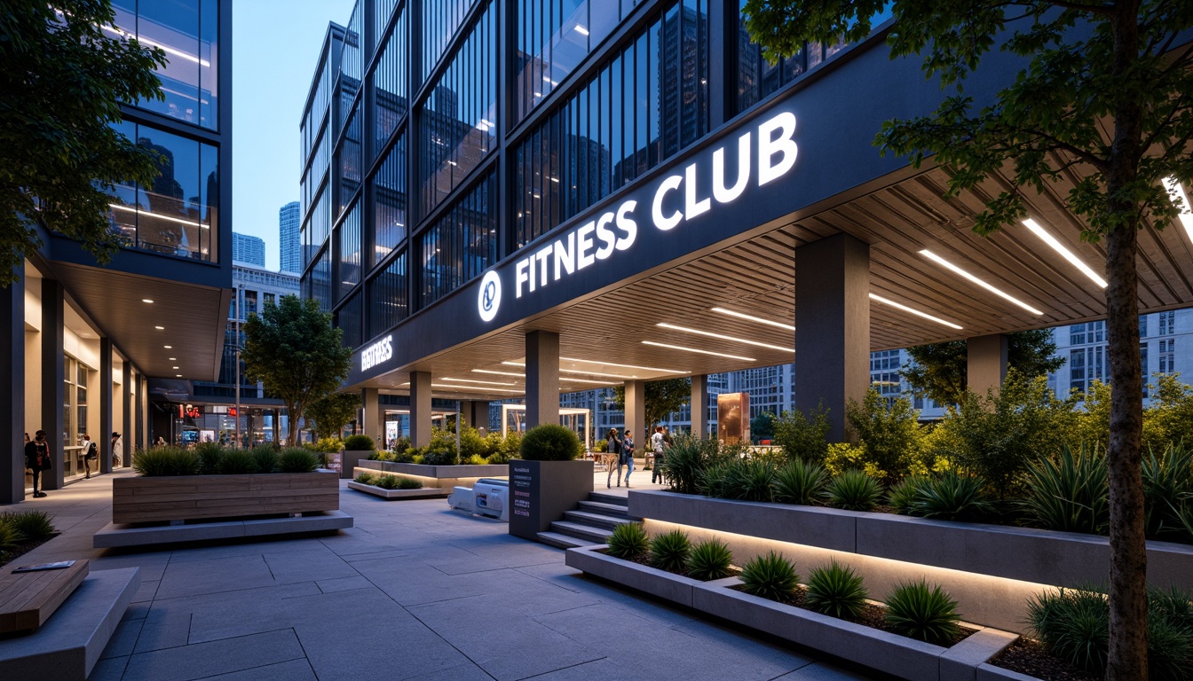 Prompt: Futuristic fitness club exterior, sleek metal fa\u00e7ade, neon-lit signage, urban cityscape, modern streetlights, concrete pavement, minimalist planters, succulent greenery, LED-lit staircases, glass railings, industrial-chic benches, dynamic lighting effects, shallow depth of field, 1/1 composition, realistic textures, ambient occlusion.