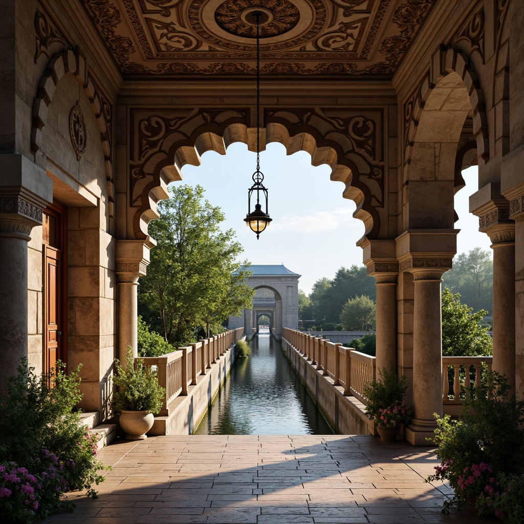 Prompt: Rustic stone archways, ornate carvings, grandiose bridges, serene water reflections, lush greenery, vibrant flowers, majestic pillars, classical balustrades, intricate stonework, weathered brick surfaces, ornamental lanterns, soft warm lighting, shallow depth of field, 3/4 composition, panoramic view, realistic textures, ambient occlusion.