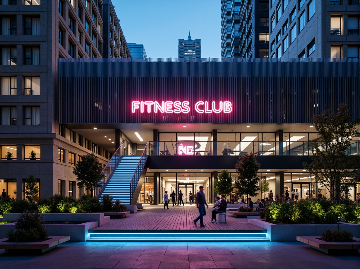 Prompt: Futuristic fitness club exterior, sleek metal fa\u00e7ade, neon-lit signage, urban cityscape, modern streetlights, concrete pavement, minimalist planters, succulent greenery, LED-lit staircases, glass railings, industrial-chic benches, dynamic lighting effects, shallow depth of field, 1/1 composition, realistic textures, ambient occlusion.