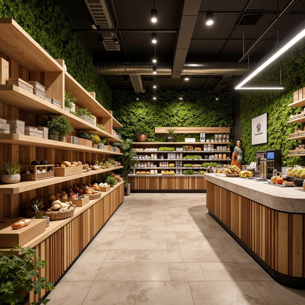 Prompt: Eco-friendly grocery store interior, reclaimed wood shelving, bamboo flooring, natural stone countertops, energy-efficient LED lighting, living green walls, organic produce displays, recycled metal accents, minimalist decor, earthy color palette, warm ambient lighting, shallow depth of field, 1/1 composition, realistic textures, ambient occlusion.