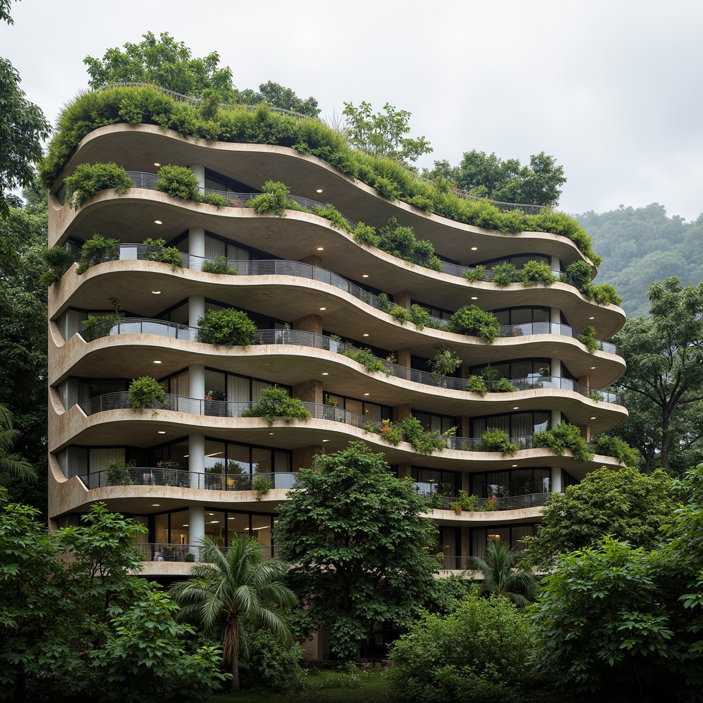 Prompt: Organic building facade, wavy lines, natural stone cladding, green walls, living roofs, botanical patterns, earthy tones, curved shapes, biomimetic architecture, sustainable materials, energy-efficient systems, rainwater harvesting, solar panels, wind turbines, lush vegetation, tropical plants, misty atmosphere, soft diffused lighting, shallow depth of field, 1/1 composition, realistic textures, ambient occlusion.