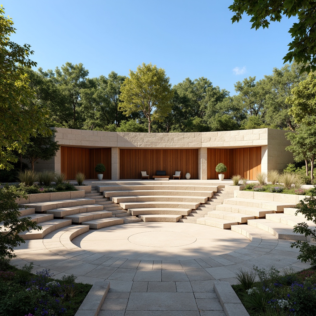 Prompt: Natural stone amphitheater, tiered seating, lush greenery surroundings, warm sunny day, clear blue sky, gentle breeze, sound-reflecting surfaces, acoustic panels, optimized speaker placement, curved lines, minimalist design, rustic wooden accents, earthy color palette, soft warm lighting, shallow depth of field, 3/4 composition, panoramic view, realistic textures, ambient occlusion.