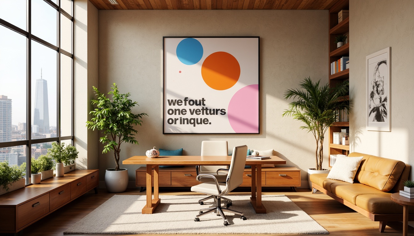 Prompt: Vibrant design studio, modern minimalist interior, sleek wooden desk, ergonomic chair, colorful artwork, inspirational quotes, natural light pouring in, large windows, urban cityscape view, warm beige walls, rich brown furniture, pastel pink accents, creamy white textures, bold typography, geometric patterns, abstract shapes, soft focus, shallow depth of field, 1/1 composition, realistic rendering, ambient occlusion.